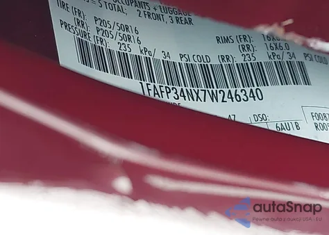 2007 Ford Focus S/Se/Ses z USA, uszkodzony, nr VIN 1FAFP34NX7W246340